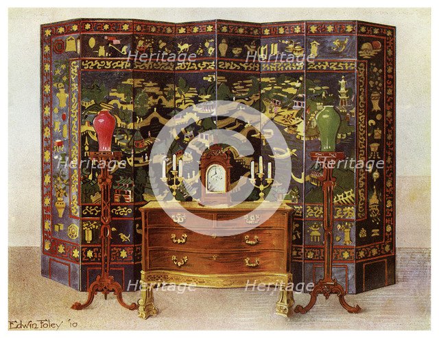 Curved commode table and Chinese lacquered eight fold screen, 1911-1912.Artist: Edwin Foley