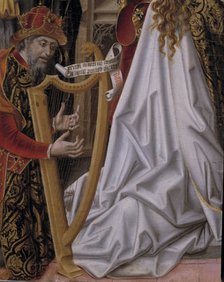 Detail of a musician playing the harp, from the painting 'Coronation of the Virgin' by Fernando G…