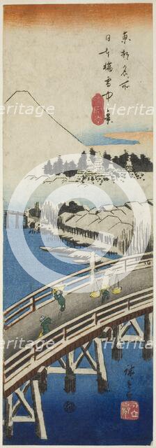 Nihon Bridge seen in the Snow (Nihonbashi setchu no kei), from the series "Famous..., 1837/38. Creator: Ando Hiroshige.