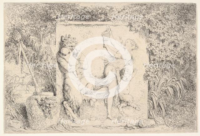A bas-relief depicting a satyr at left holding two infants, another child satyr to right..., 1763. Creator: Jean-Honore Fragonard.