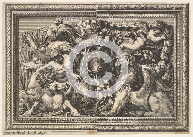Design for a Panel with Two Variants containing a Hippocamp and a Griffin, from: Ornements..., 1651. Creator: Jean le Pautre.