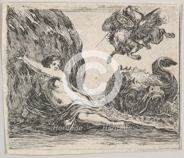 Perseus and Andromeda, from 'Game of Mythology' (Jeu de la Mythologie), 1644. Creator: Stefano della Bella.