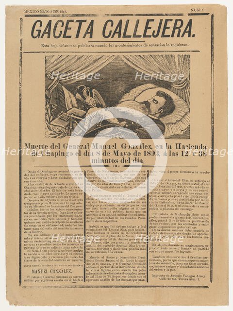 Page from the periodical 'Gaceta Callejera' relating to the death of General González in C..., 1893. Creator: José Guadalupe Posada.