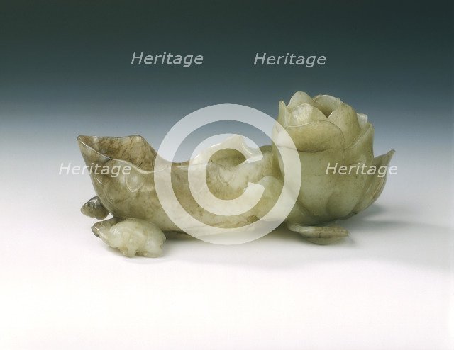 Jade lotus brushwasher with frog, duck and snail, late Ming dynasty, China, 1550-1644. Artist: Unknown