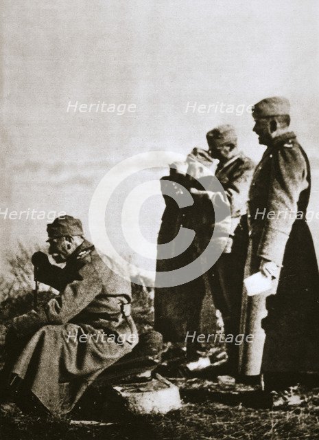 King Peter I of Serbia watching the retreat of his defeated army, 1914. Artist: Unknown