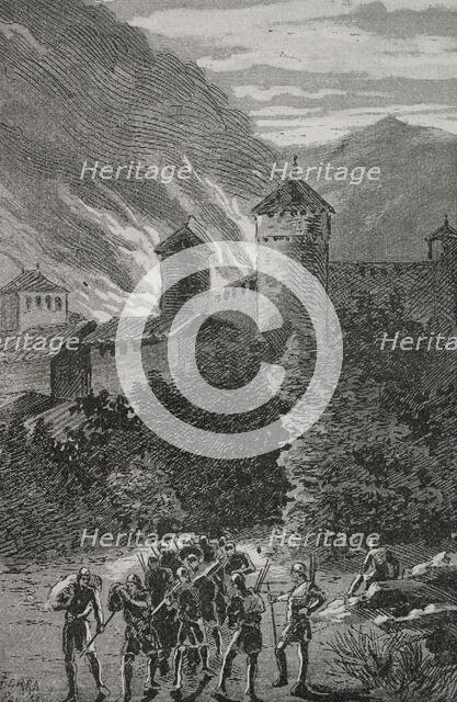 Fire of Peralada in 1285, ordered by its own lord, Dalmau de Rocabertí (d1304) when leaving...1890.  Creator: Joan Serra y Pausas.