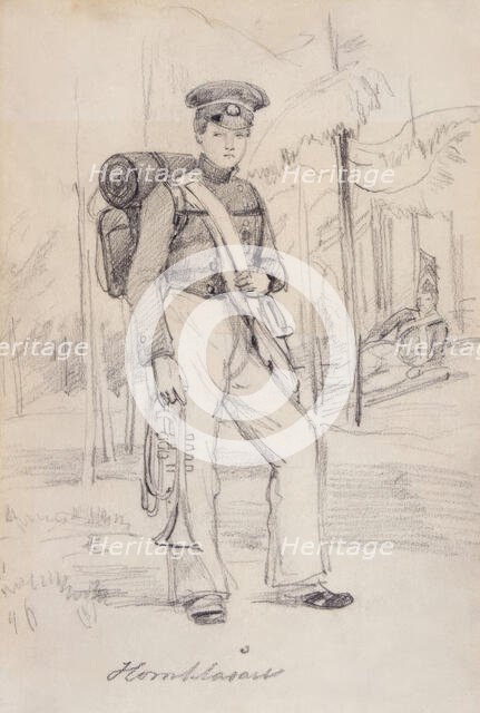 "Horn Blower". Young soldier with pack and instruments. (c1850s). Creator: Fritz von Dardel.