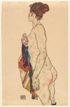 Standing Nude with a Patterned Robe, 1917. Creator: Egon Schiele.