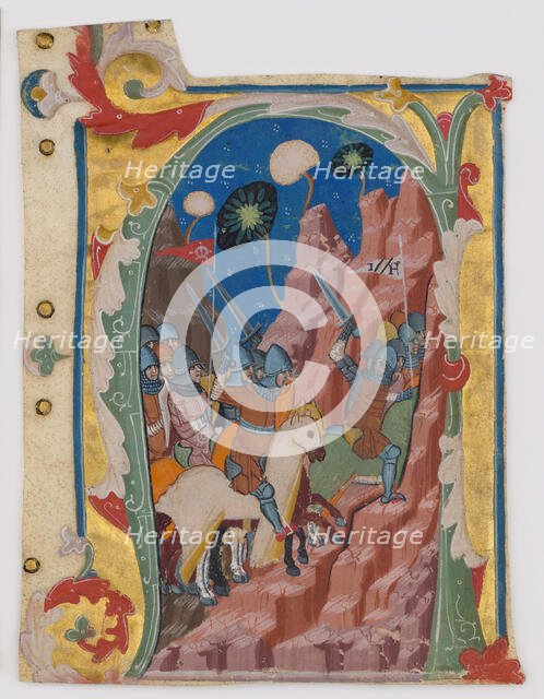 Initial A with the Battle of the Maccabees, Italian, ca. 1360-70. Creator: Unknown.