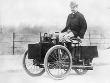 Albert de Dion on a steam tricycle, 1888. Artist: Unknown