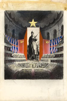 Concert hall [Albert Hall?] and orchestra against picture of Russian infantryman, (c1943?). Creators: Central Office of Information, Unknown.