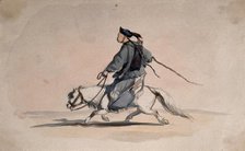 A Chinese soldier bearing weapons on his back, on horseback, 1857. Creator: Charles Wirgman.