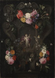 Flowers Around a Cartouche with an Image of Putto. Creator: Unknown.