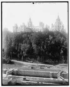Parliament B'lg's, Ottawa, from Manor i.e. Major's Hill Park, between 1890 and 1901. Creator: Unknown.