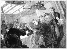 Dinner time in the first class dining saloon of an Atlantic steamer on a stormy day, c1890. Artist: Unknown