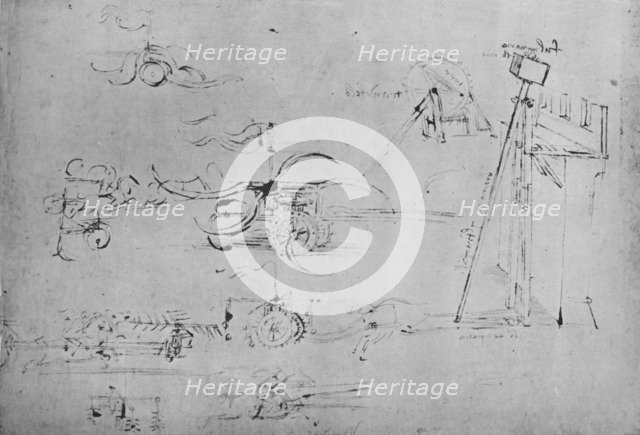 'Chariots Armed with Scythes and Flails and Horseman with Three Lances', c1480, (1945). Artist: Leonardo da Vinci.