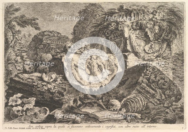 Ancient Altar on which sacrifices were performed in antiquity, surrounded by other rui..., ca. 1750. Creator: Giovanni Battista Piranesi.