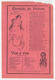 Broadsheet with two different love songs, woman wearing an evening gown si..., ca. 1918 (published). Creator: José Guadalupe Posada.