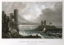 Suspension bridge over the Conwy estuary, Wales, c1840. Artist: Unknown