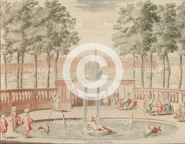 De Fontein van Hercules, met die van de Groote Sprong, voor 't Amphitheater', in: Tooneel ..., n.d.. Creator: Lorenz Scherm.