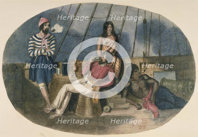 Sailors and Maoris on the deck of a ship, c1850. Creator: Unknown.