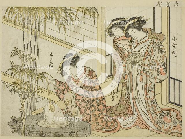 Courtesans of Maruya, from the book "Mirror of Beautiful Women of the Pleasure Quarters..., 1776. Creator: Shunsho.