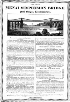Menai Suspension Bridge, Wales, c1826. Artist: Unknown