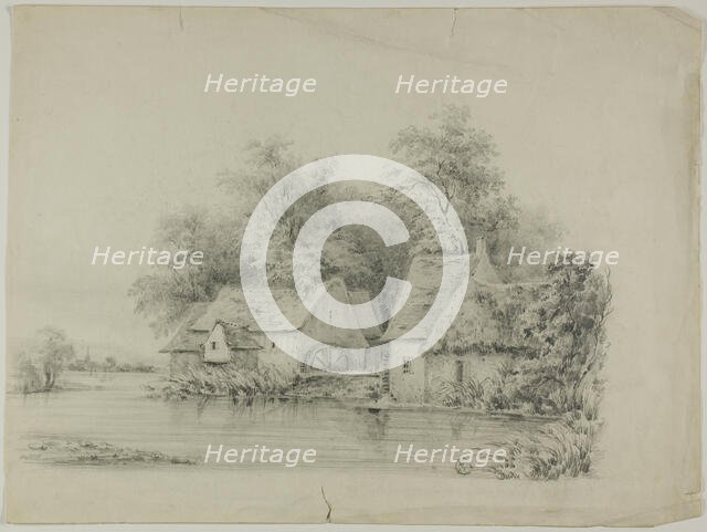 Watermill and Cottage with Thatched Roofs, 19th century. Creator: Unknown.