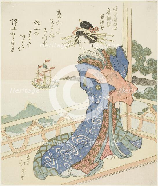 Courtesan watching foreign ship from balcony, c. 1818/44. Creator: Totoya Hokkei.