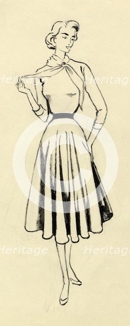 Woman in sweater and full skirt, c1950. Creator: Shirley Markham.