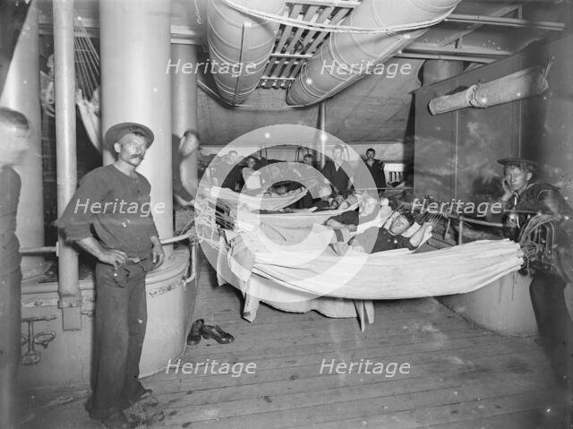 U.S.S. Brooklyn, hammocks on deck, between 1896 and 1899. Creator: Unknown.