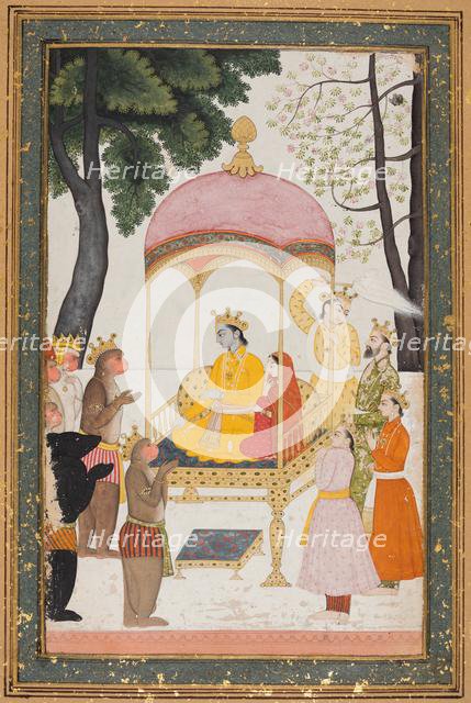 Enthroned Rama and Sita receive homage from their monkey and bear allies, c. 1765. Creator: Unknown.