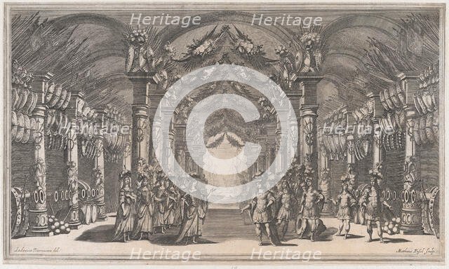 Arsenal of Mars; a group of soldiers standing across from a group of women in an arsenal; ..., 1668. Creator: Mathäus Küsel.