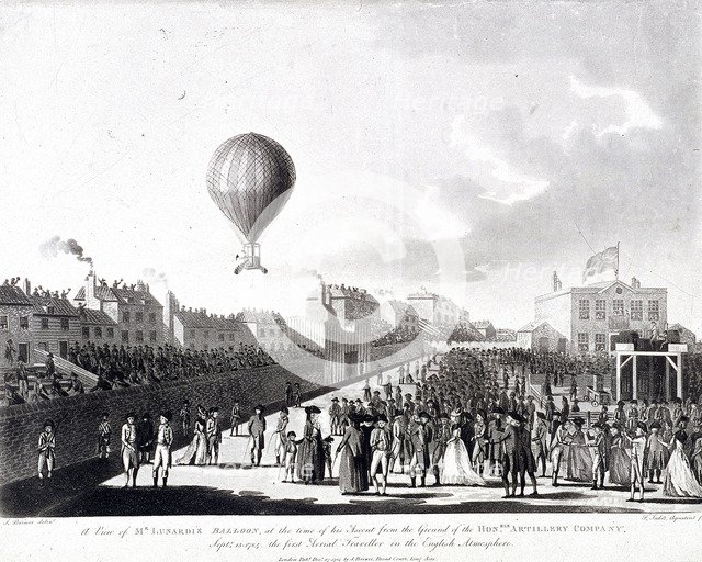 Vincenzo Lunardi's balloon ascending from Artillery Ground, City Road, Finsbury, London, 1784. Artist: Francis Jukes