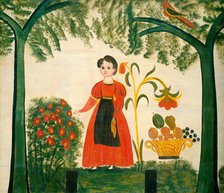 Girl in Red with Flowers and a Distelfink, c. 1830. Creator: Unknown.
