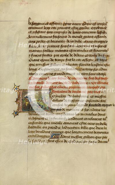 Initial L: Gillion Captured While in Pursuit of King Fabur; Roman de Gillion de Trazegnies, 1464. Creators: Lieven van Lathem, David Aubert.