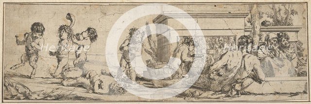 Bacchanal with infant satyrs and putti at left, a naked male figure reclines in front o..., 1633-78. Creator: Giulio Carpioni.