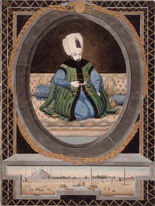 Portrait of Sultan Ahmet I (1603-1617), Above a View of the Hippodrome and the "Blue Mosque"...c1805 Creator: Unknown.