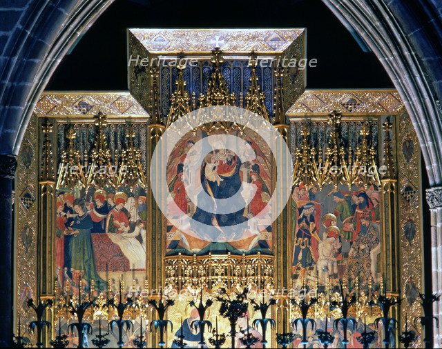 Altarpiece of Saints Cosme and Damian, detail of the three tables on the top, 1455 by Miquel Nada…