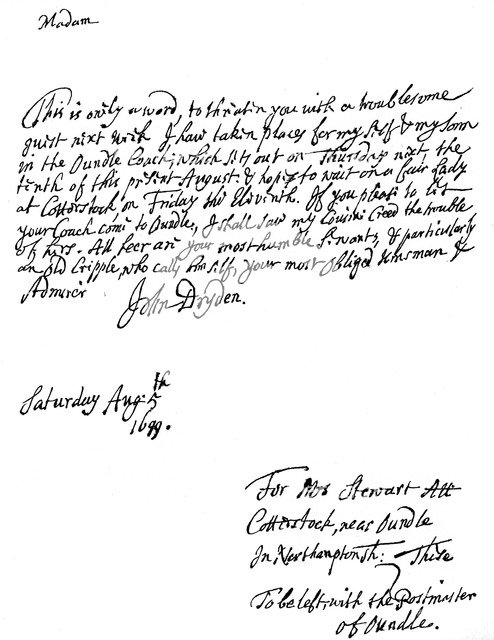 A letter written by John Dryden (1631-12700), English poet, 1699 (1840). Artist: Unknown