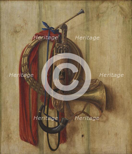 Trompe l'Oeil with Christian V's equipment for Riding to Hounds;Hunting Equipment on a Board, 1671. Creator: Cornelis Norbertus Gysbrechts.