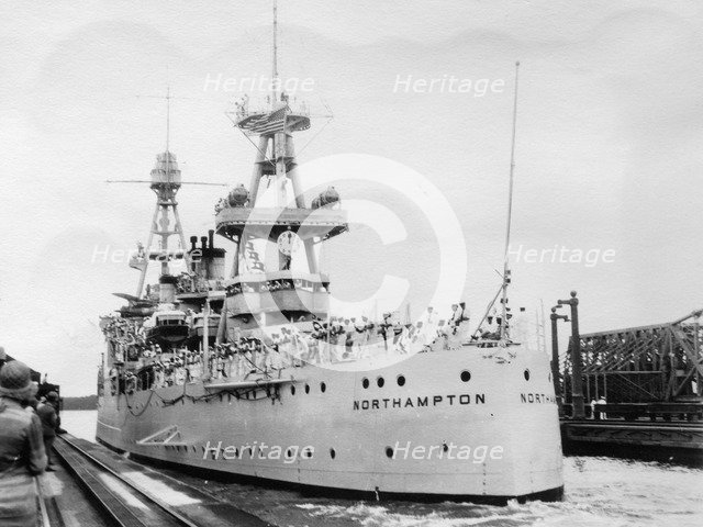 US Navy cruiser USS Northampton (CA-26), Panama Canal, Panama, 1931. Artist: Unknown