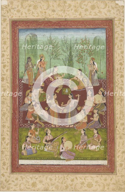 A group of women in a garden, entertaining themselves with music and dancing, mid 18th century. Creator: Unknown.