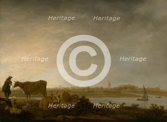 A View of Vianen with a Herdsman and Cattle by a River, c. 1643/45. Creator: Aelbert Cuyp.