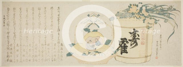 Keg of sake and basket of oranges, Japan, 1820. Creator: Hokusai.