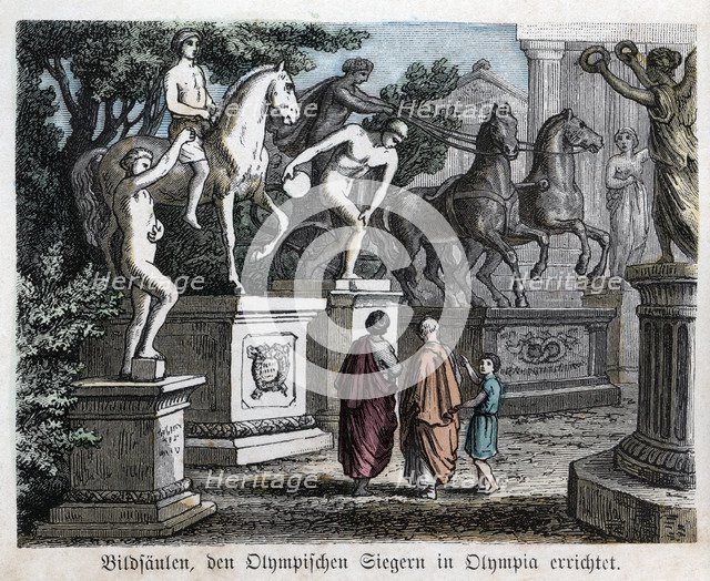 Ancient History. Greece. Statues in honor of the winners. German engraving, 1880.