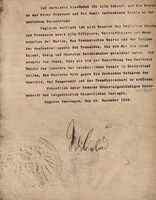 Document confirming the abdication of Kaiser Wilhelm II of Germany, 9 November 1918 (1935).  Creator: Unknown.