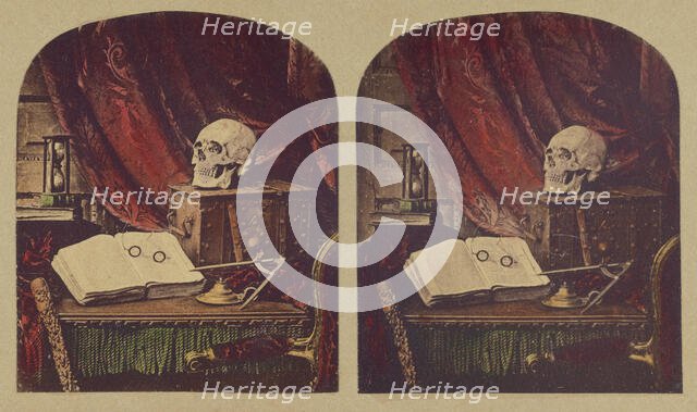 Old Mortality / Still life of Skull, Books, and Hourglass / Vanitas / The Sands of Time, about 1860. Creator: Thomas Richard Williams.
