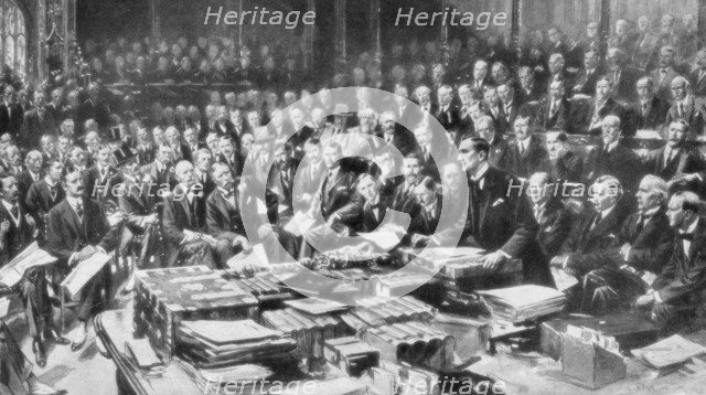 The scene in the House of Commons, Westminster, London, 3 August 1914. Artist: Unknown