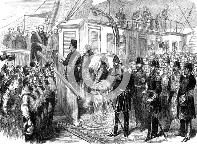 The Shah at Portsmouth: going on board the Victoria and Albert, 1873. Creator: Unknown.